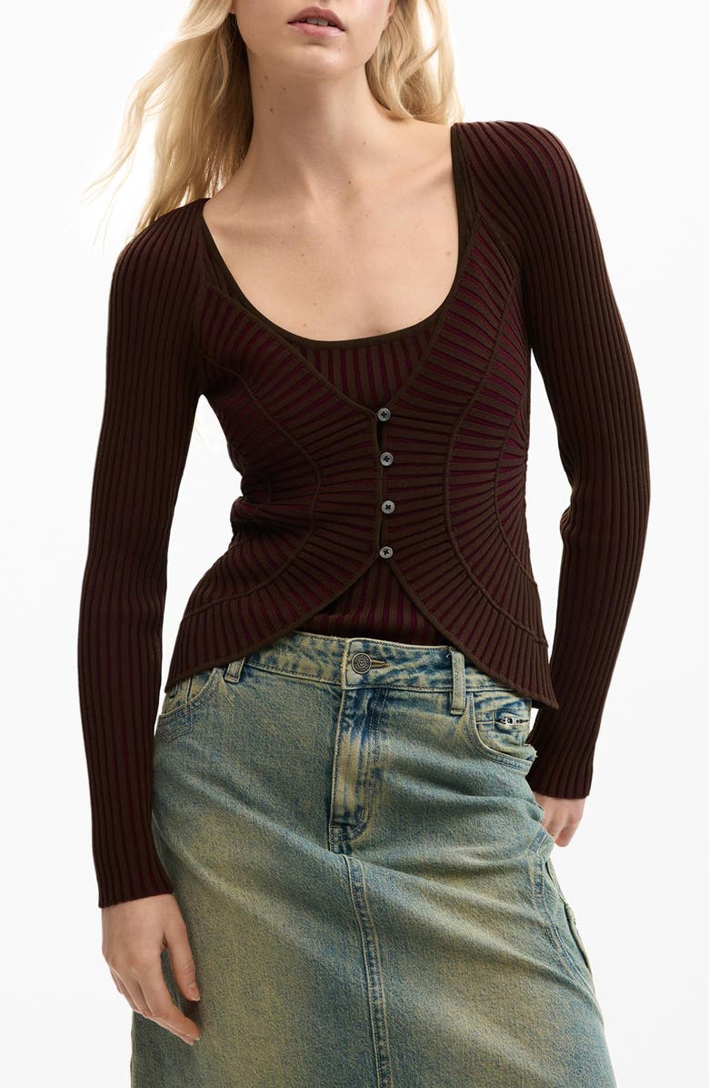 Desigual Rib Knit Cardigan, Main, color, Brown