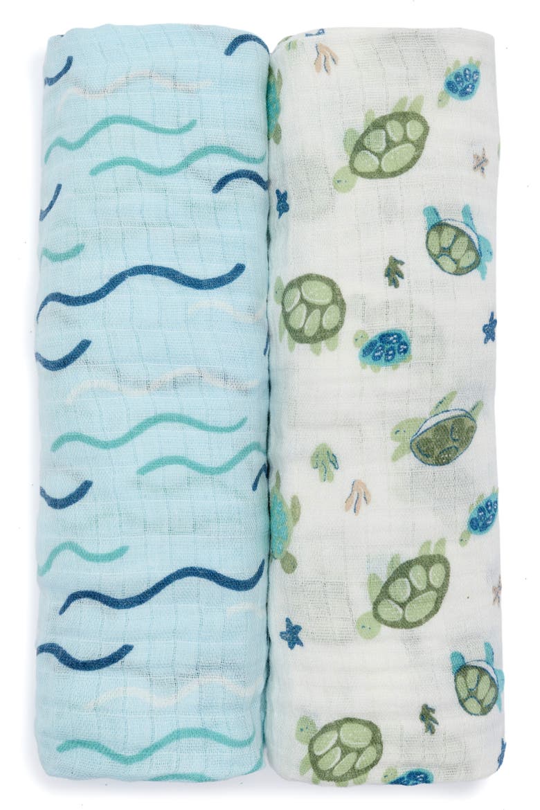 2-Pack Assorted Muslin Turtle Swaddle Blankets, Main, color, MULTI BLUE