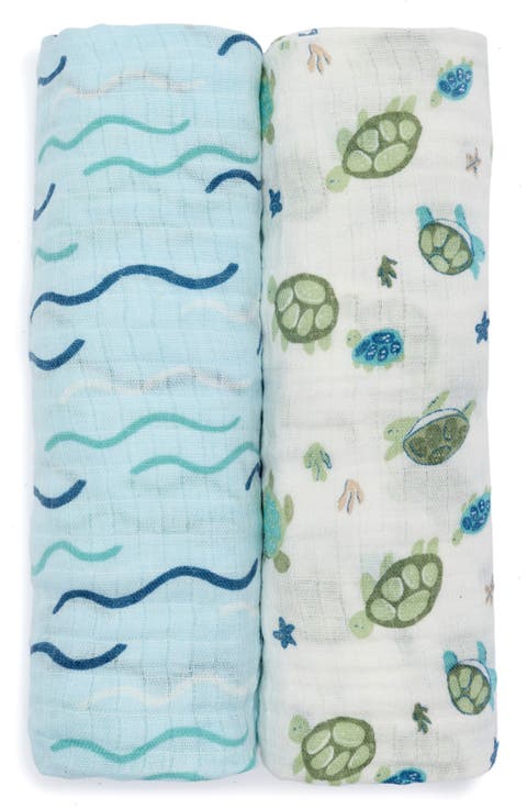 2-Pack Assorted Muslin Turtle Swaddle Blankets