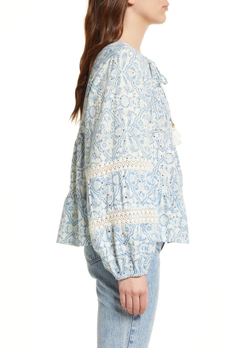 Eyelet Tie Neck Peasant Top, Alternate, color, BLUE LIGHT