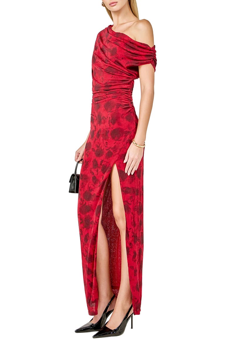 Floral Mesh One-Shoulder Maxi Dress, Alternate, color, RED