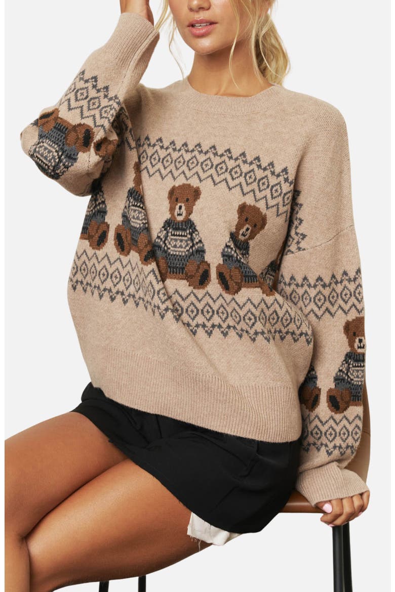 Teddy Bear Crewneck Sweater, Alternate, color, KHAKI