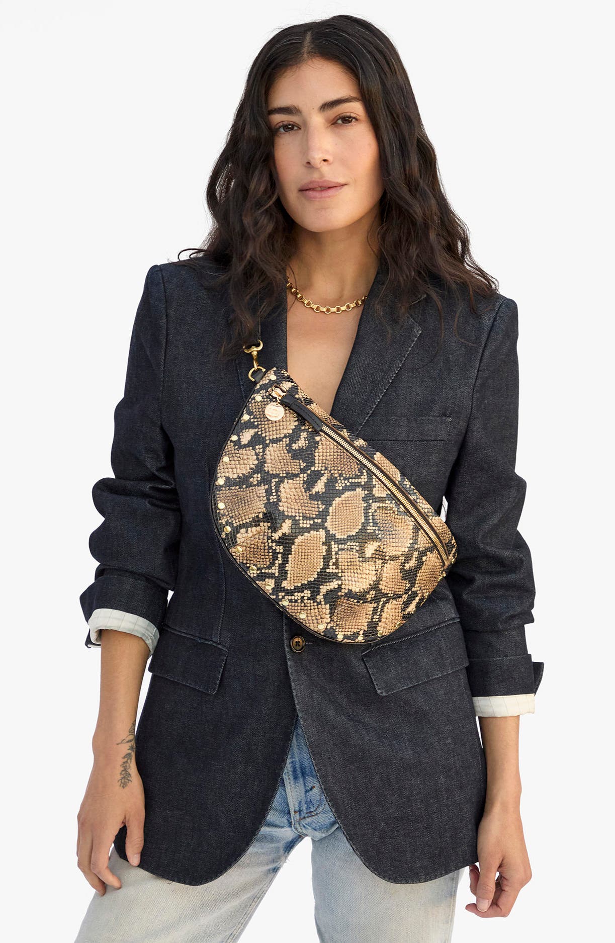 Clare V. Grande Snakeskin Embossed Leather Belt Bag, Alternate, color, Tan