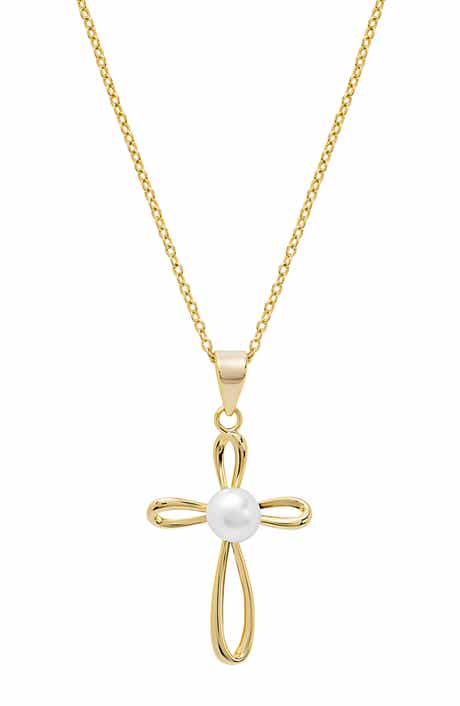 Faux Pearl Cross Pendant Necklace
