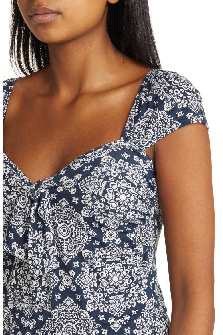 Tie Front Cap Sleeve A-Line Midi Dress, Alternate, color, NAVY/ IVORY