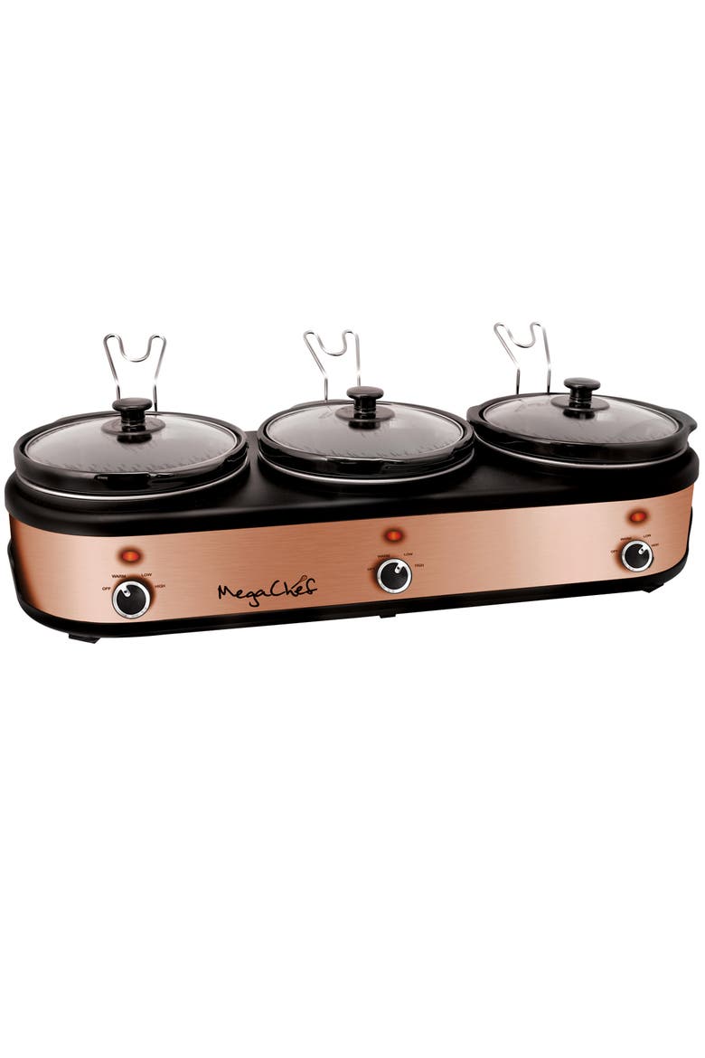 Triple 2.5 Quart Slow Cooker and Buffet Server in Brushed Copper and Black Finish with 3 Ceramic Cooking Pots and Removable Lid Rests, Alternate, color, Black