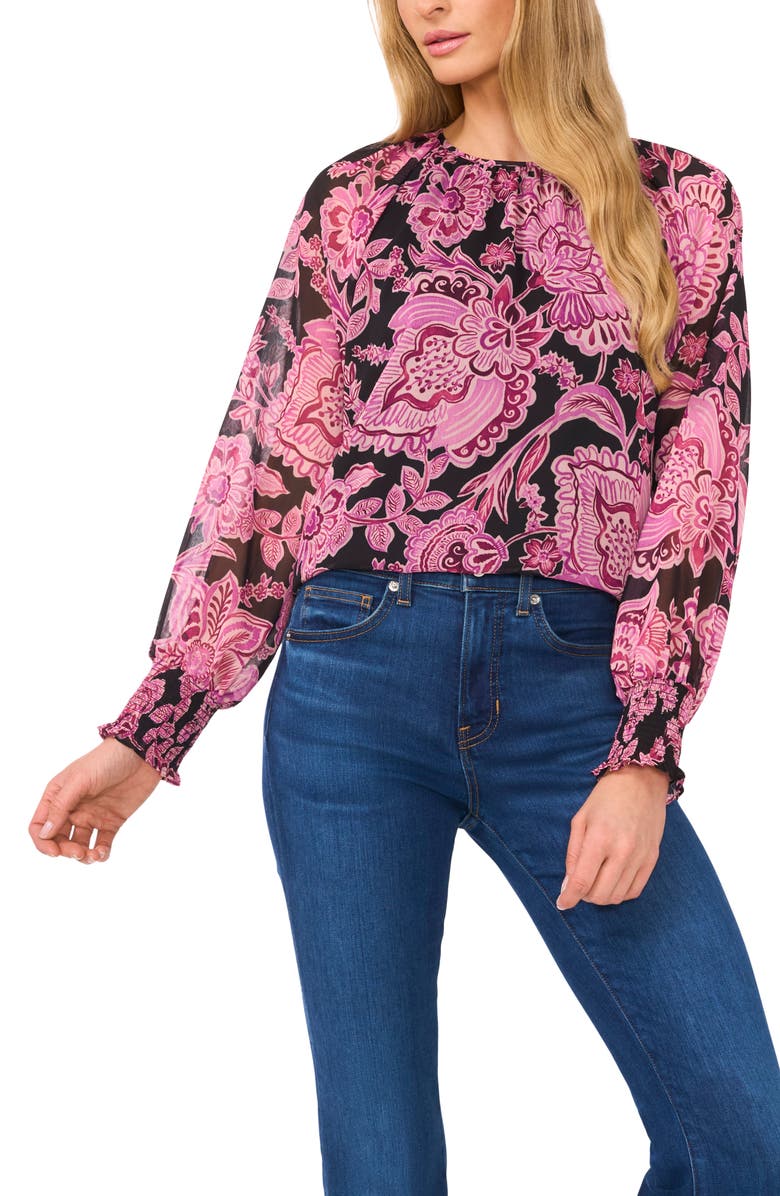 CeCe Print Smocked Cuff Top, Main, color, 