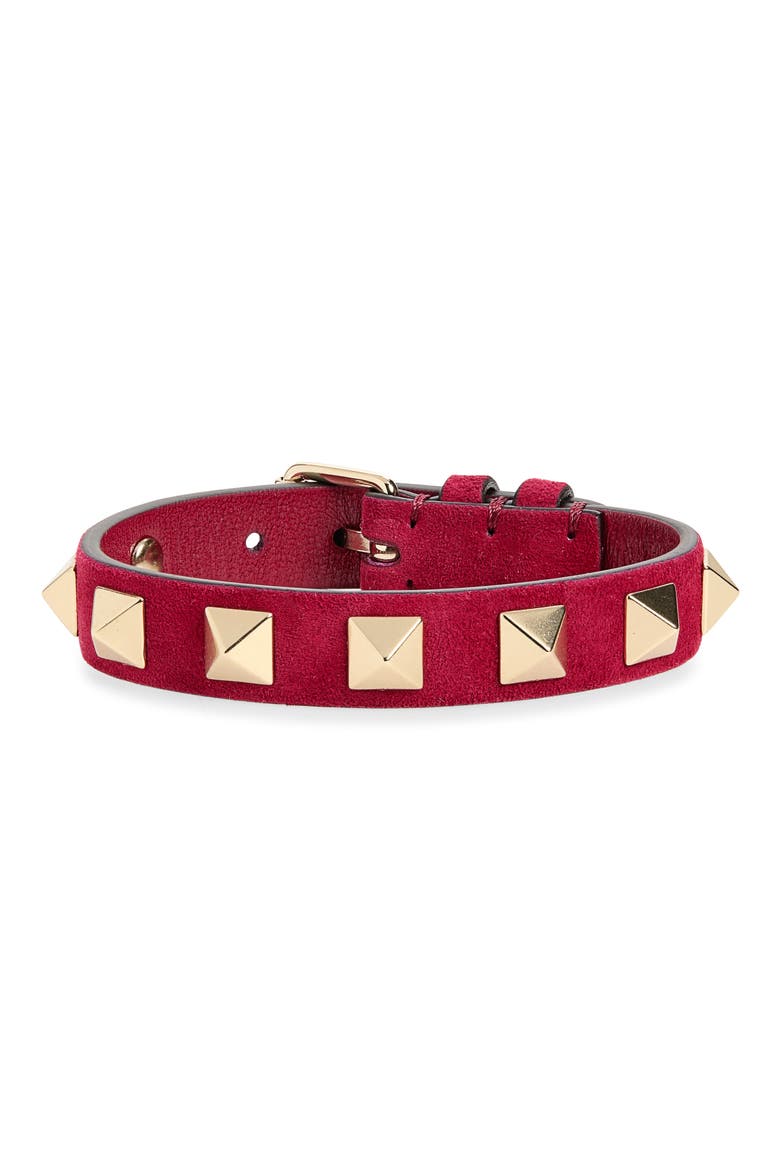 Rockstud Leather Bracelet, Main, color, DARK RED