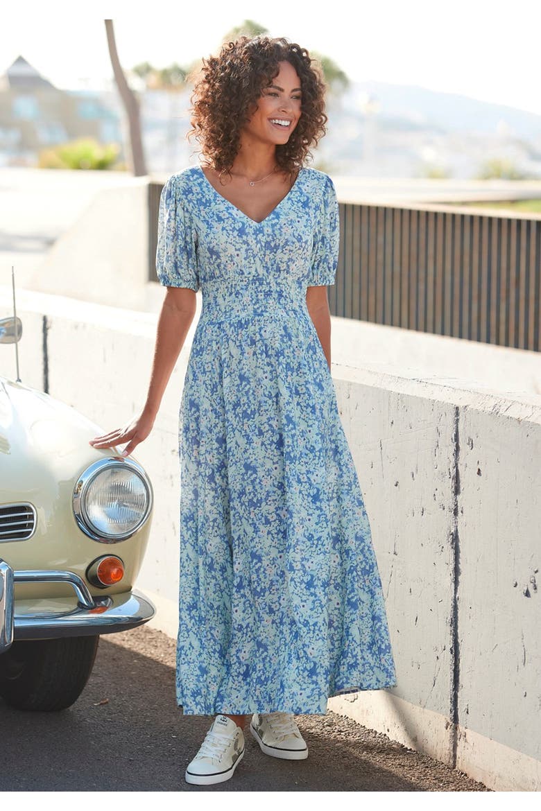 Floral Puff Sleeve Maxi Dress, Alternate, color, Navy Printed