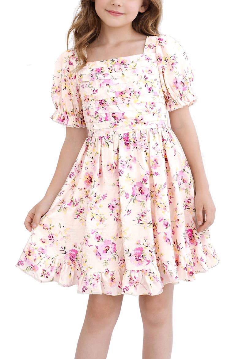 Kids' Floral Pintuck Dress, Alternate, color, IVORY/ ORCH