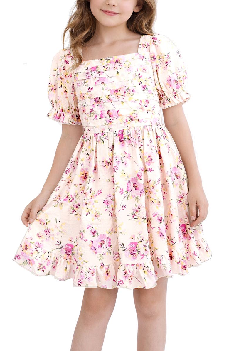 Zunie Kids' Floral Pintuck Dress, Alternate, color, Ivory/ Orch