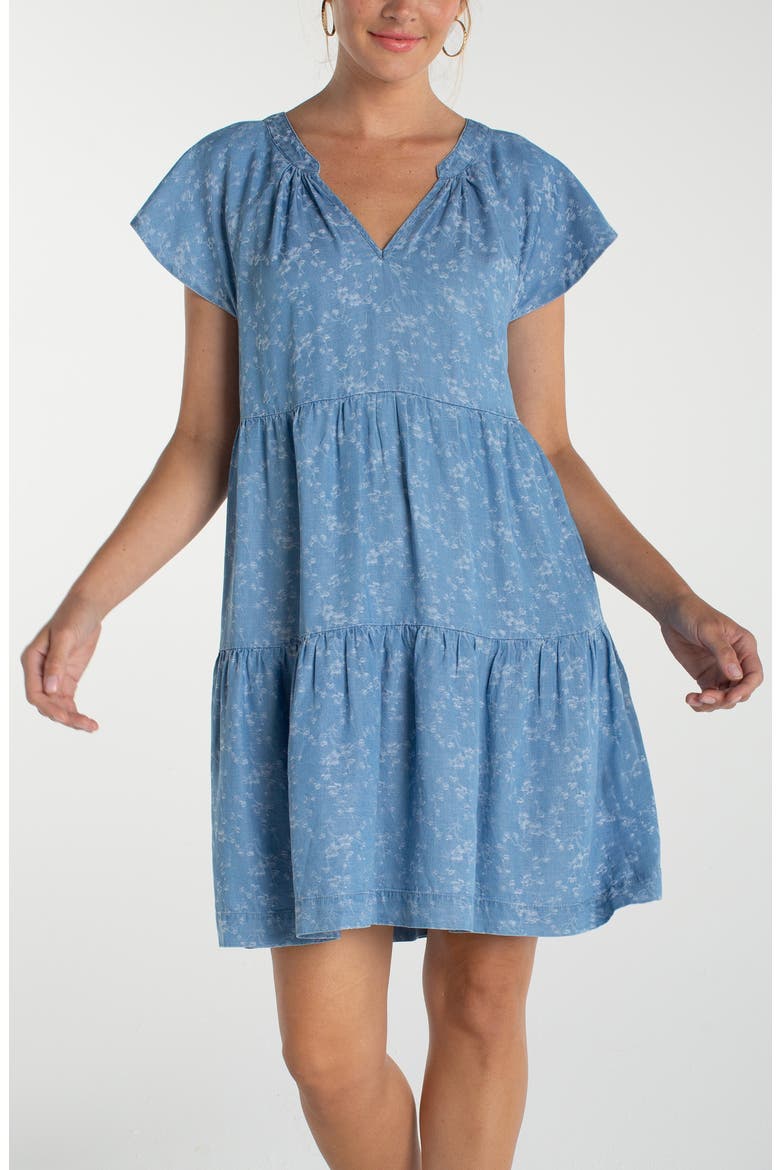 Tiered Floral Flutter Sleeve Denim Dress, Alternate, color, INDIGO ROSES