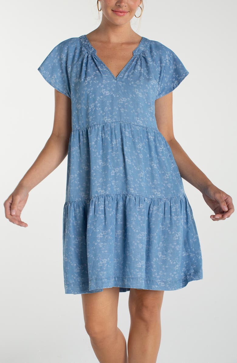Liverpool Los Angeles Tiered Floral Flutter Sleeve Denim Dress, Alternate, color, Indigo Roses