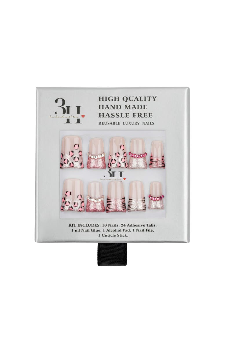 Y2K Duck Diva Medium Flare Press-On Nails - Pink Glitter Leopard, Alternate, color, Pink