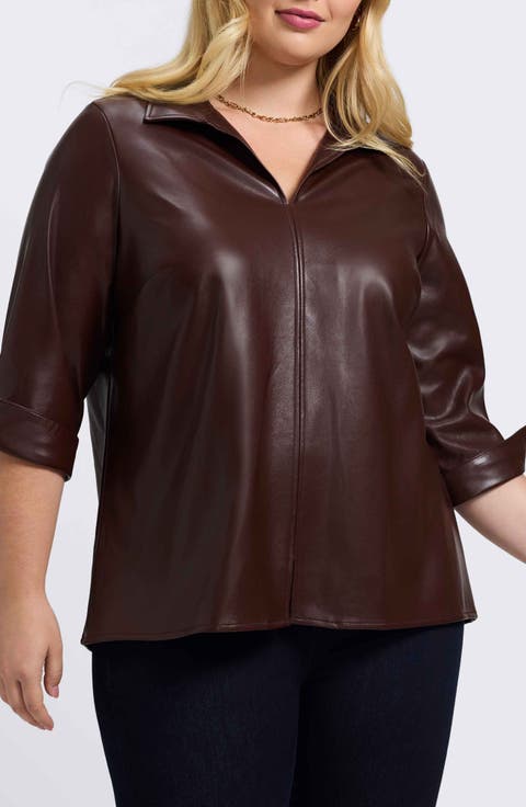 Agnes Faux Leather Long Sleeve Popover Top (Plus)