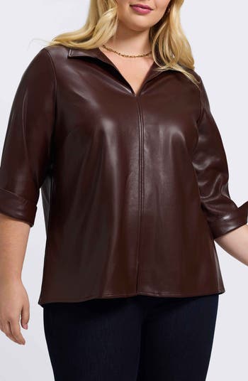Foxcroft Agnes Faux Leather Long Sleeve Popover Top | Nordstrom