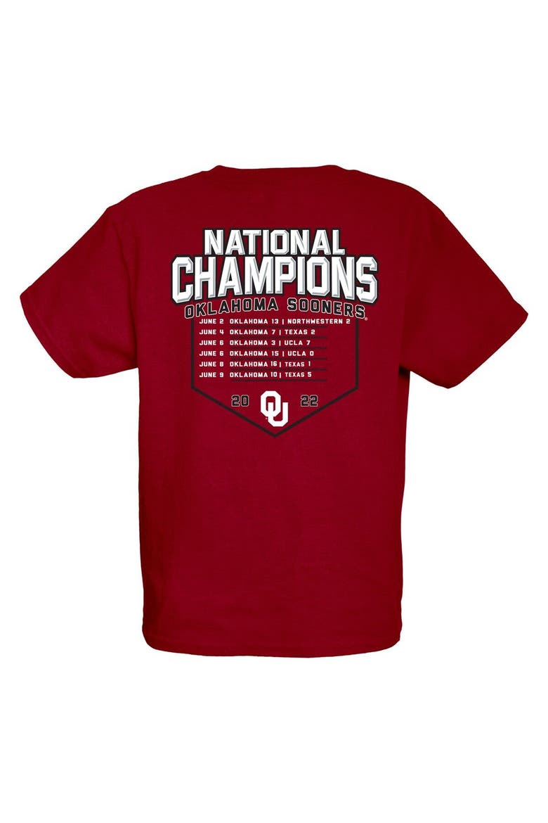 Youth Blue 84 Crimson Oklahoma Sooners 2022 NCAA Softball Women's College World Series Champions Base Path Schedule T-Shirt, Alternate, color, Crimson