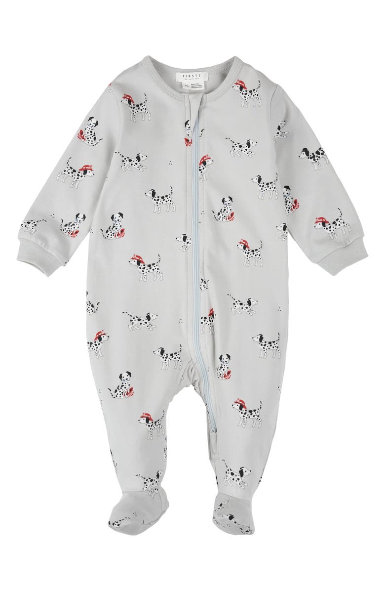 FIRSTS by Petit Lem Firefighter Dalmation Print Footed Stretch Cotton One-Piece Pajamas, Main, color, Light Grey