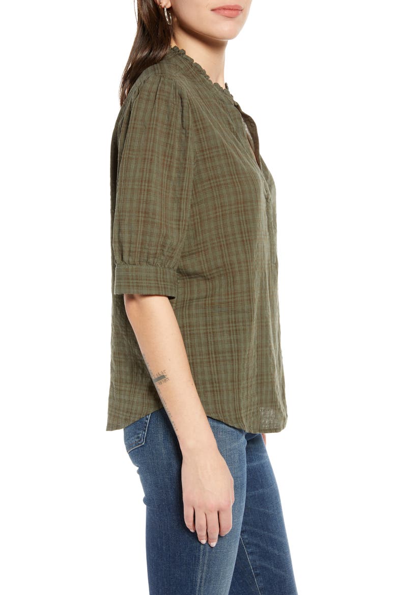 Split Neck Check Top, Alternate, color, OLIVE SARMA