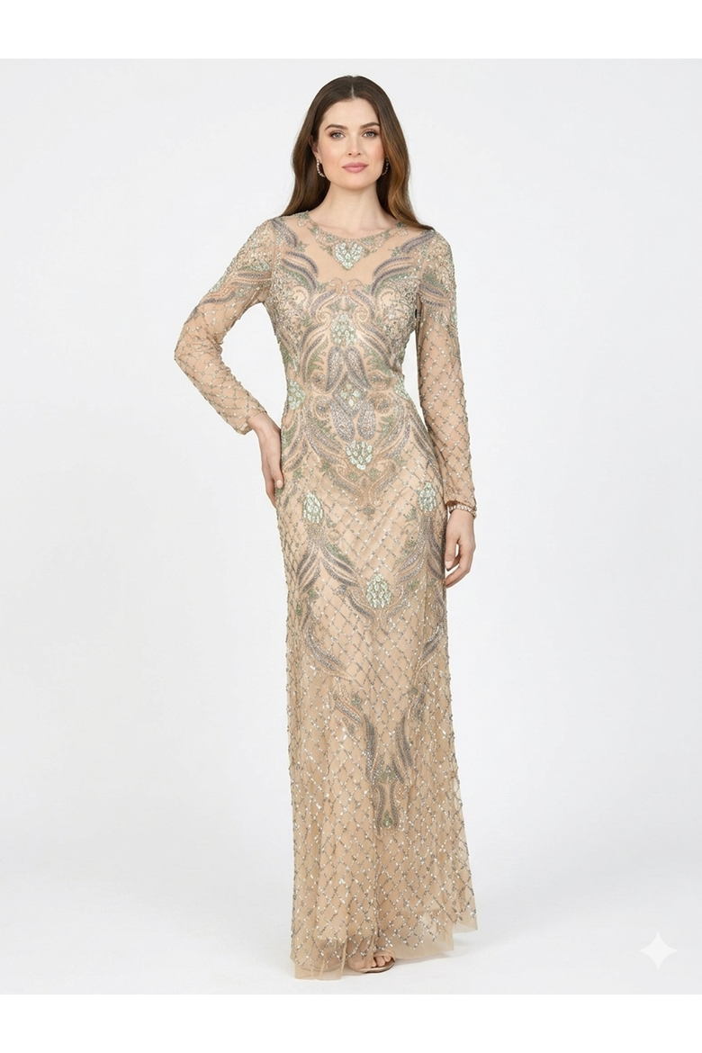 Long Sleeve Beaded Gown, Main, color, Nude/Multi