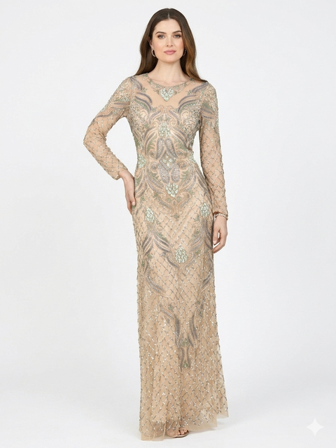 Long Sleeve Beaded Gown