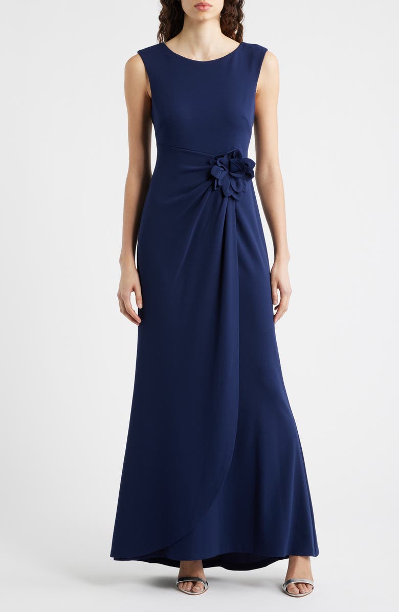 Connected Apparel Flower Appliqué Jersey Gown, Main, color, Navy