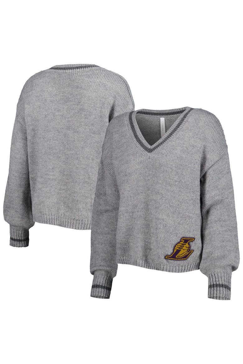 Women's Lusso Gray Los Angeles Lakers Scarletts Lantern Sleeve Tri-Blend V-Neck Pullover Sweater, Main, color, Gray