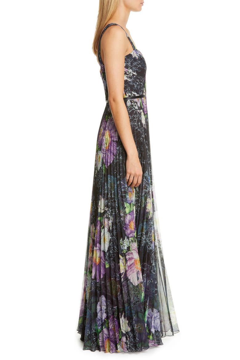 Floral Pleated Tulle Gown, Alternate, color, BLACK