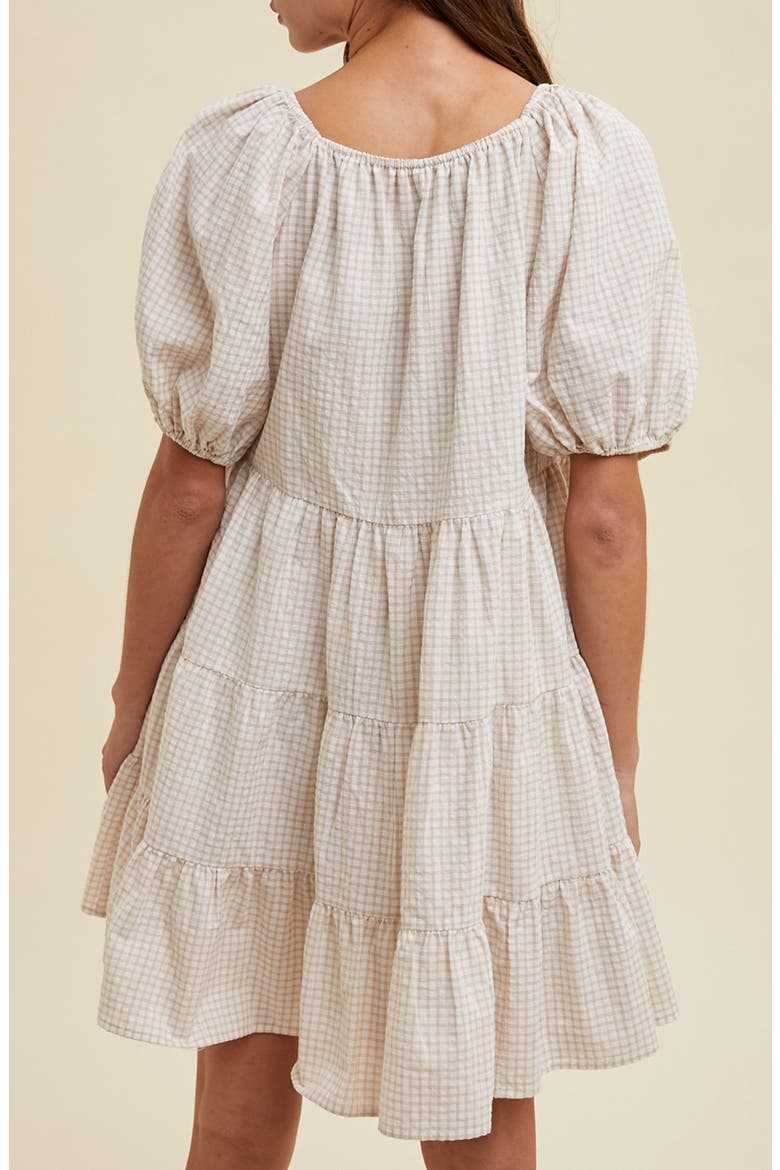 Plaid Puff Sleeve Cotton Blend Tiered Minidress, Alternate, color, CREAM/ TAUPE