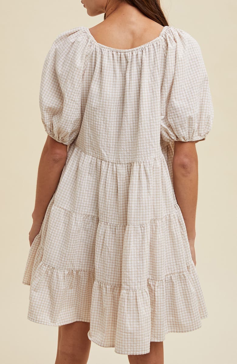 WISHLIST Plaid Puff Sleeve Cotton Blend Tiered Minidress, Alternate, color, Cream/ Taupe