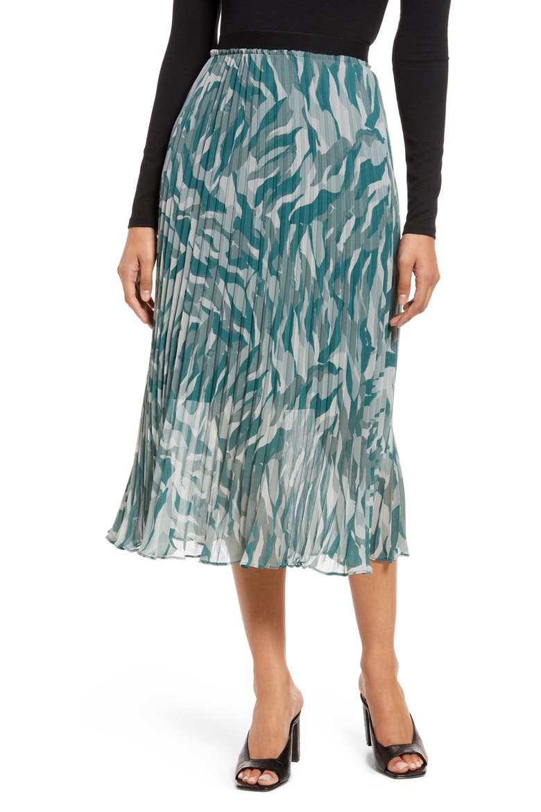 Pleated Midi Skirt, Main, color, GREEN CAMO CREATE PRINT
