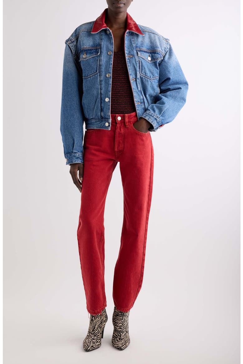 Devyn Leather Collar Denim Jacket, Alternate, color, BLUE