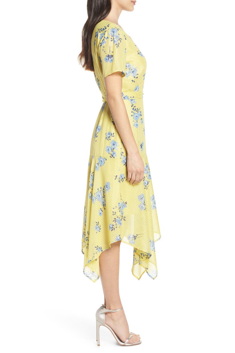 Handkerchief Hem Wrap Dress, Alternate, color, YELLOW FOIL STRIPE FLORAL