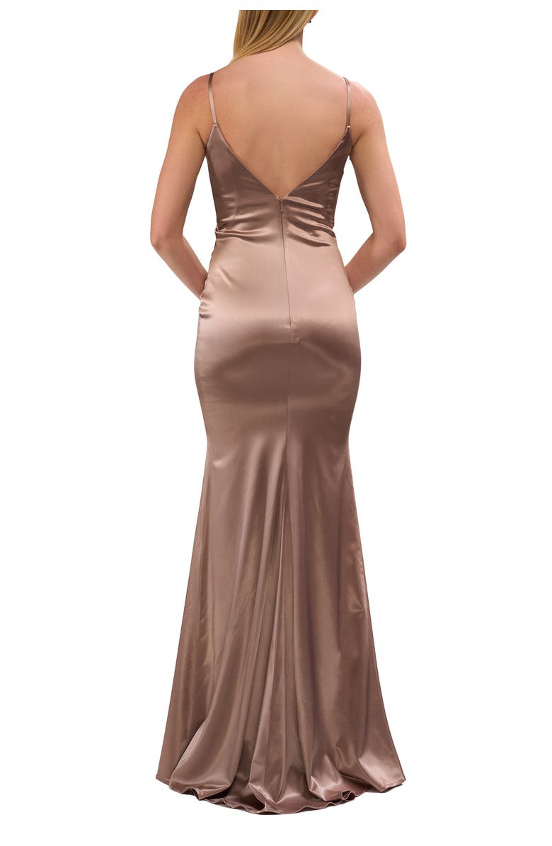 La Femme Chic Long Stretch Satin Gown with V Neck and Back, Alternate, color, Nude