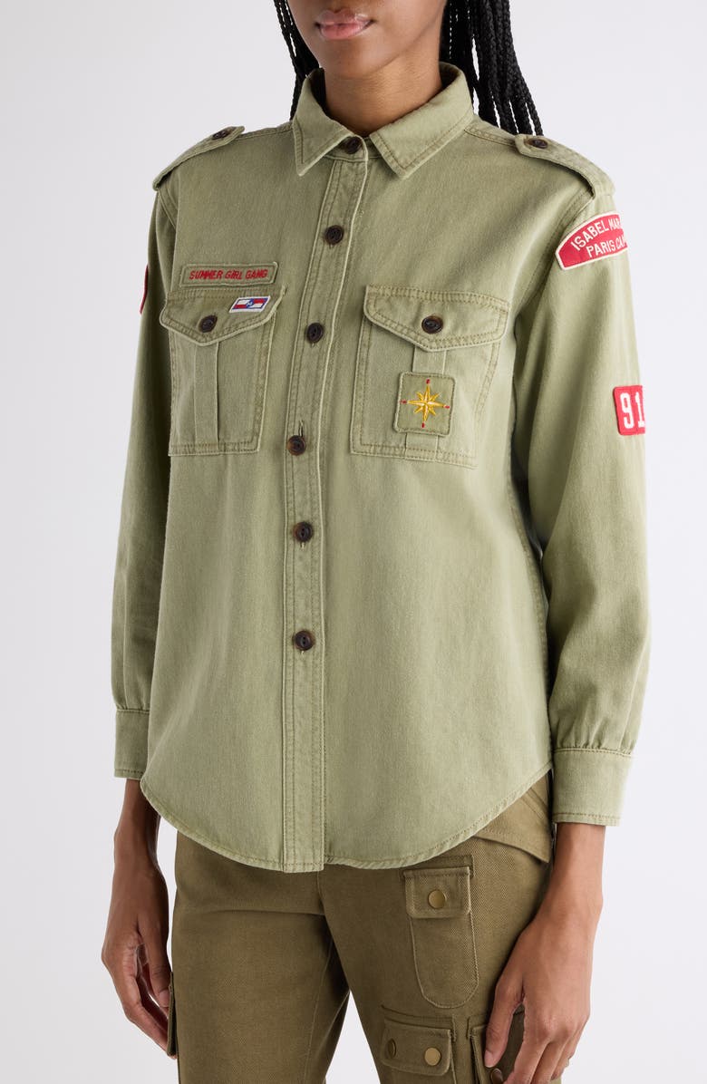 Isabel Marant Umberta Patch Cotton Twill Button-Up Shirt, Alternate, color, Khaki