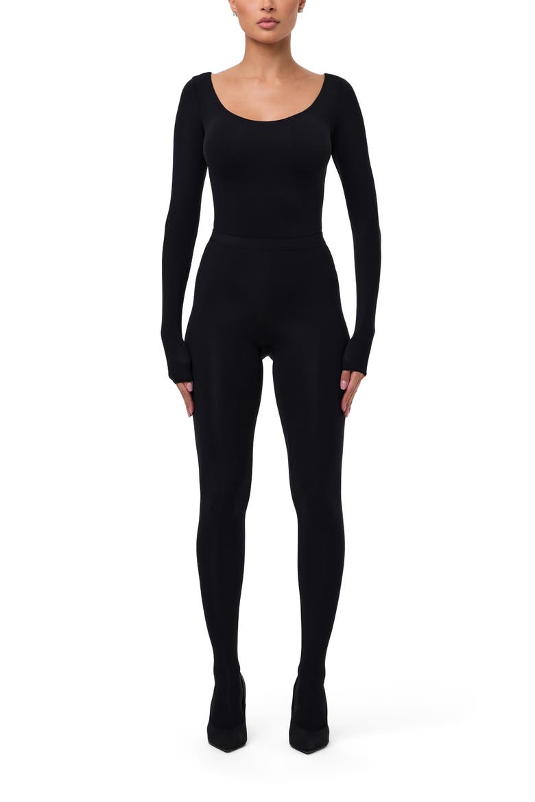 Naked Scoop Neck Long Sleeve Bodysuit, Alternate, color, BLACK