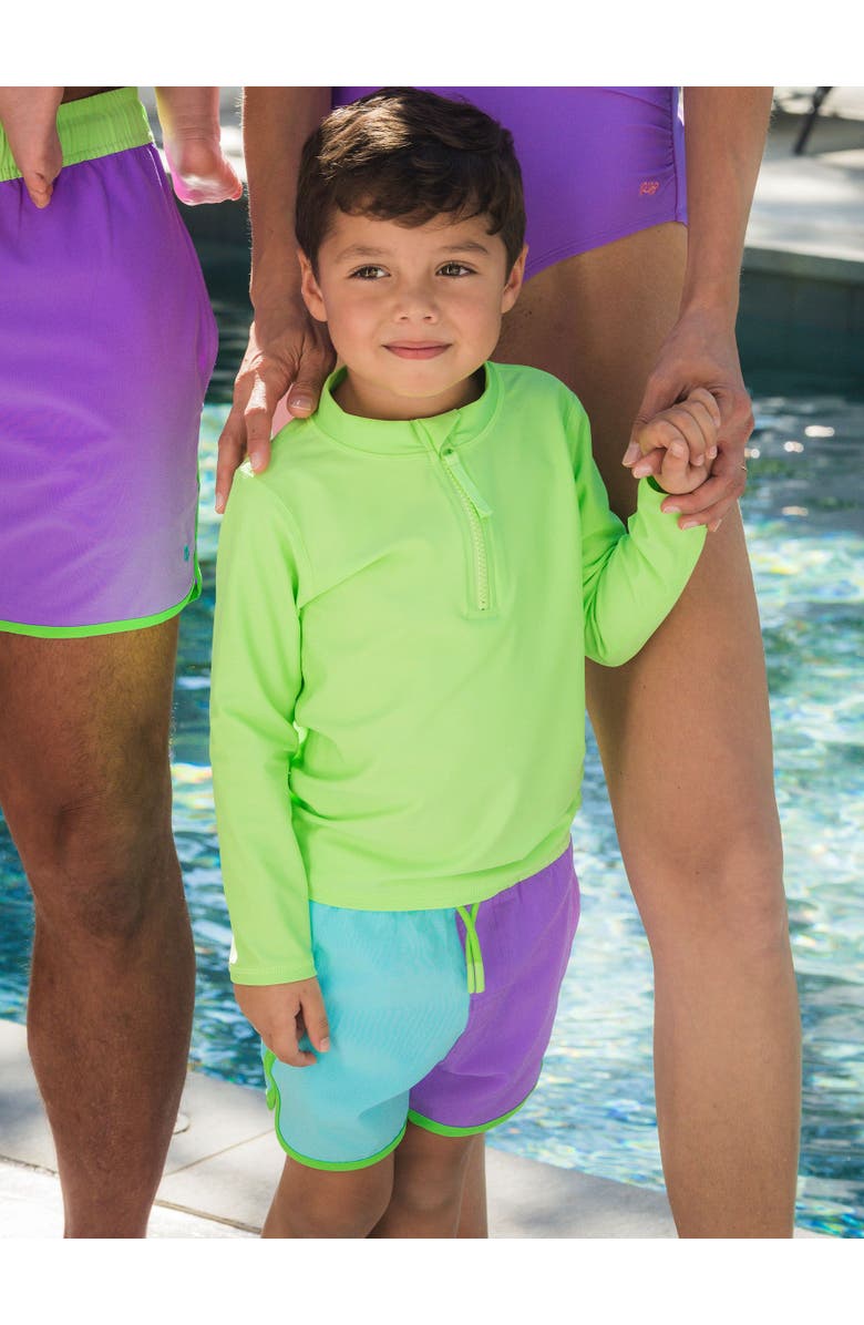 RuggedButts UPF50+ Sun Protected Stretch Dolphin Hem Swim Trunks, Alternate, color, Neon Bright Aqua Color Block