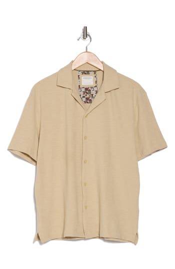 Denim And Flower Textured Short Sleeve Camp Shirt In Sand