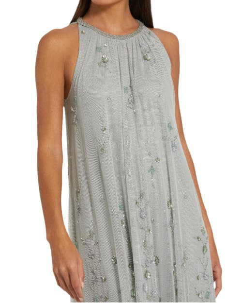 Mac Duggal High Neck Floral Embellished Mesh Trapeze Gown