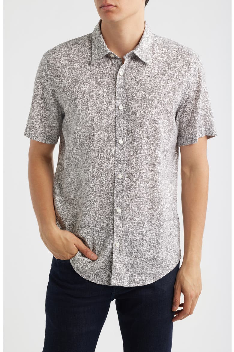 Roan Short Sleeve Stretch Linen Button-Up Shirt, Main, color, DARK BROWN