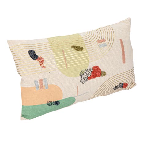 Cotton Slub Printed Lumbar Pillow with Hand-Embroidery and Beads