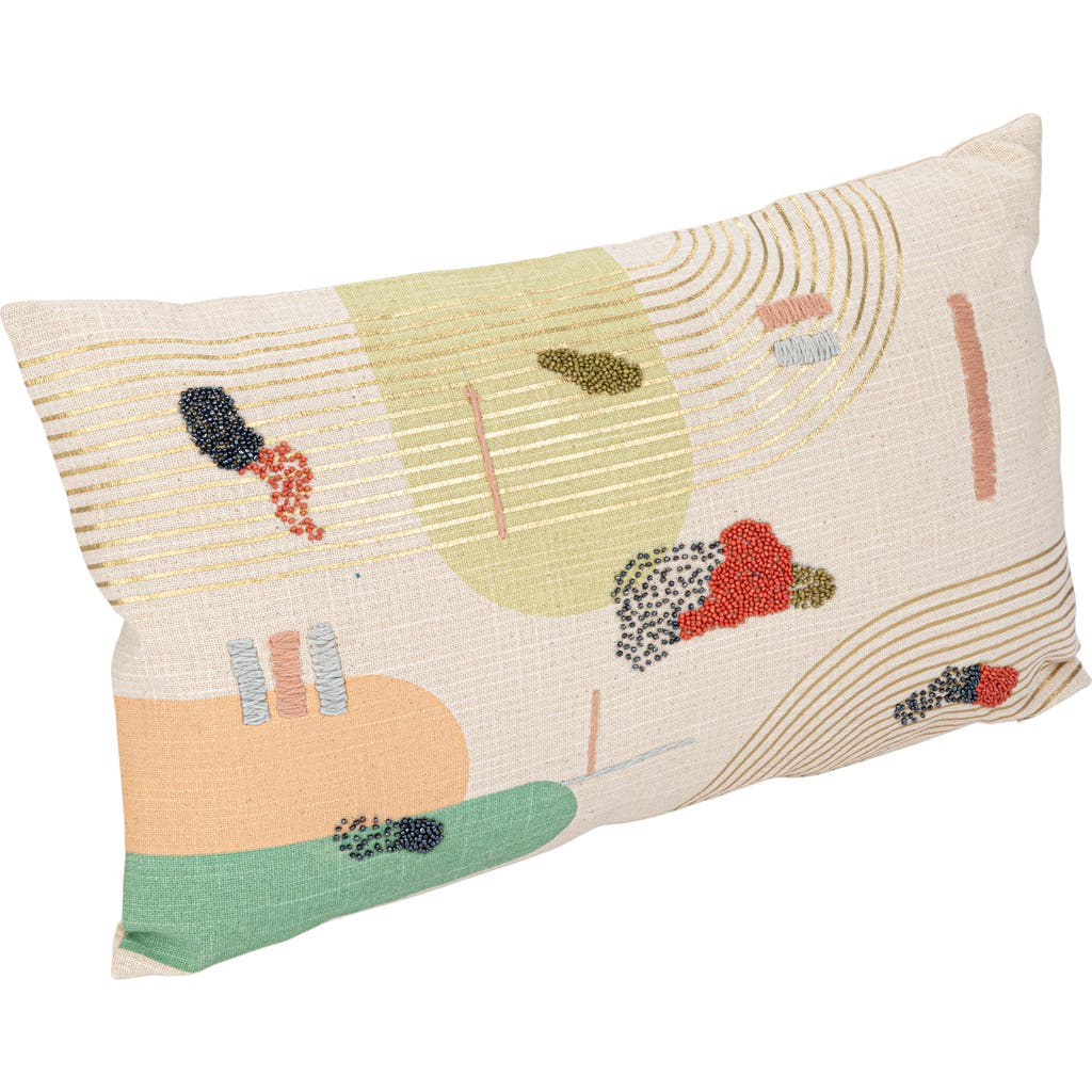 Storied Home Cotton Slub Printed Lumbar Pillow With Hand-embroidery And Beads In Multi