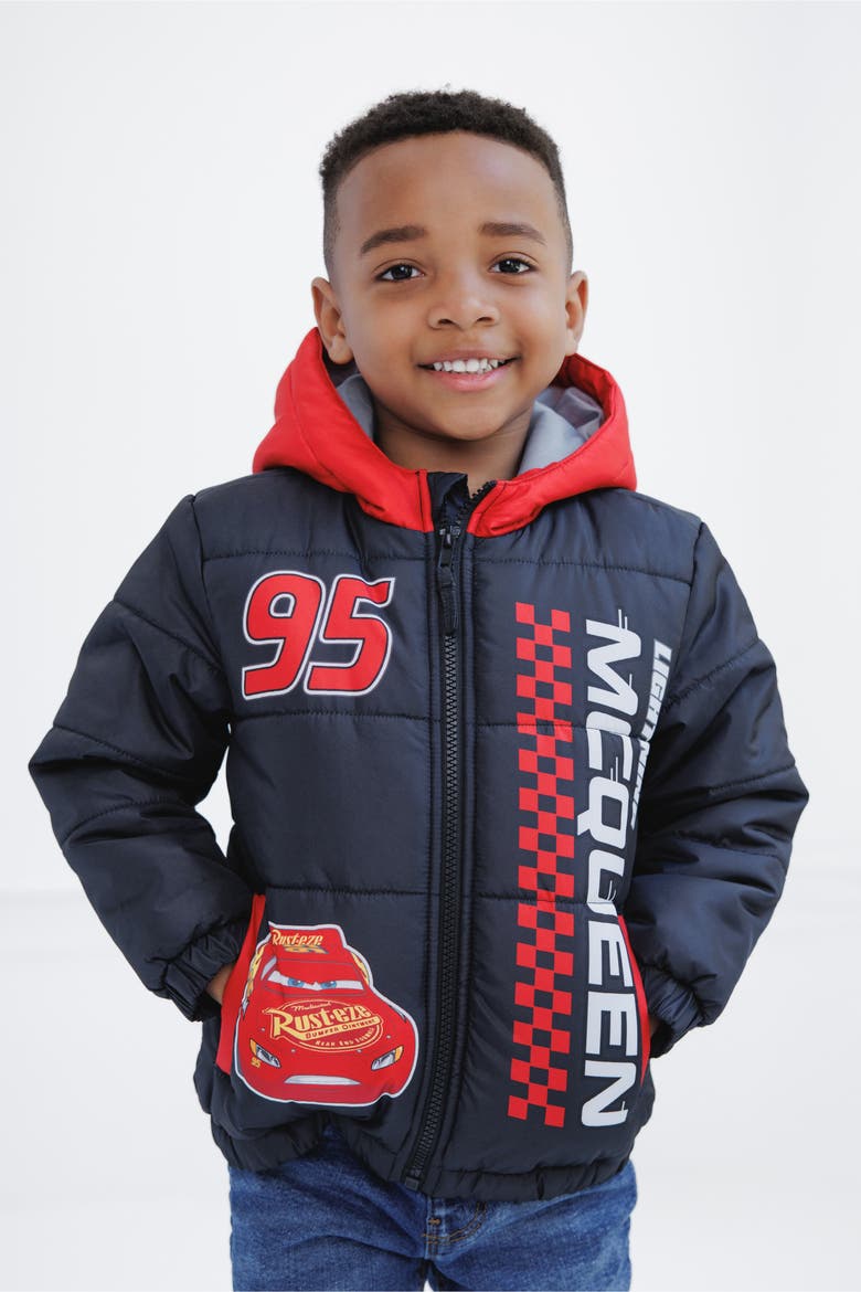 Cars Lightning McQueen Hooded Zip-Up Puffer Coat, Alternate, color, Black Red McQueen