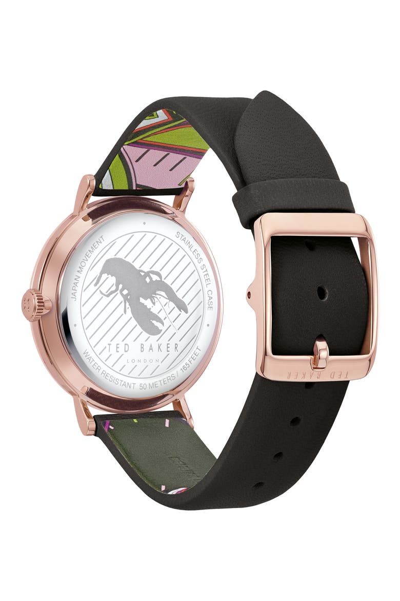 Phylipa Flowers Leather Strap Watch, 37mm, Alternate, color, BLACK/ ROSE GOLD