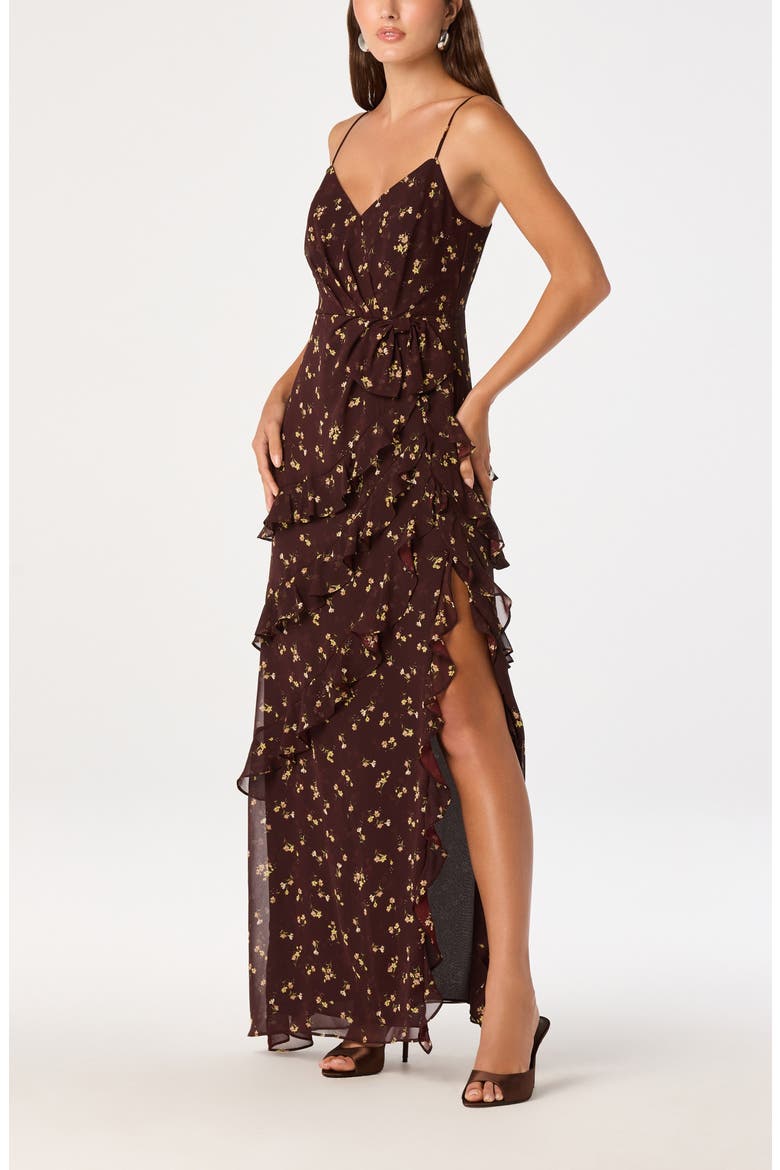 Abriella Ruffle Maxi Dress, Alternate, color, BROWN FLORAL