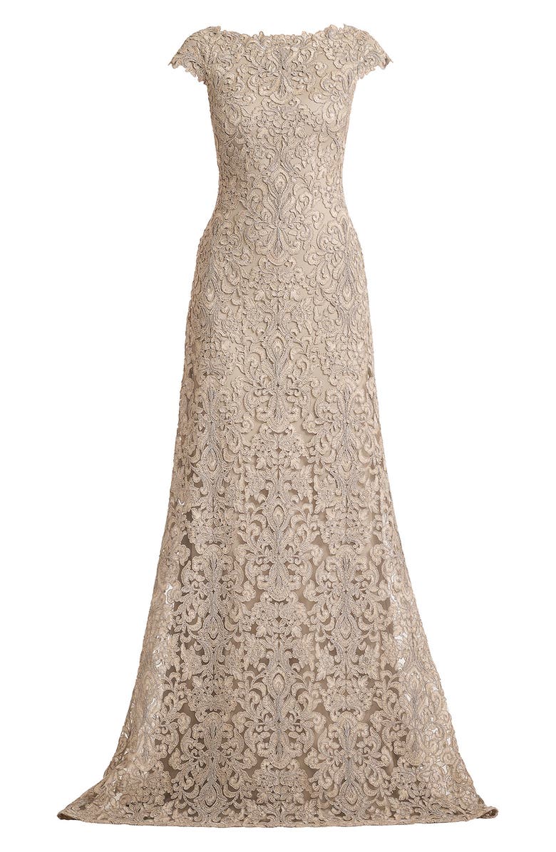 Tadashi Shoji Bateau Neck Lace Gown, Alternate, color, Pumice