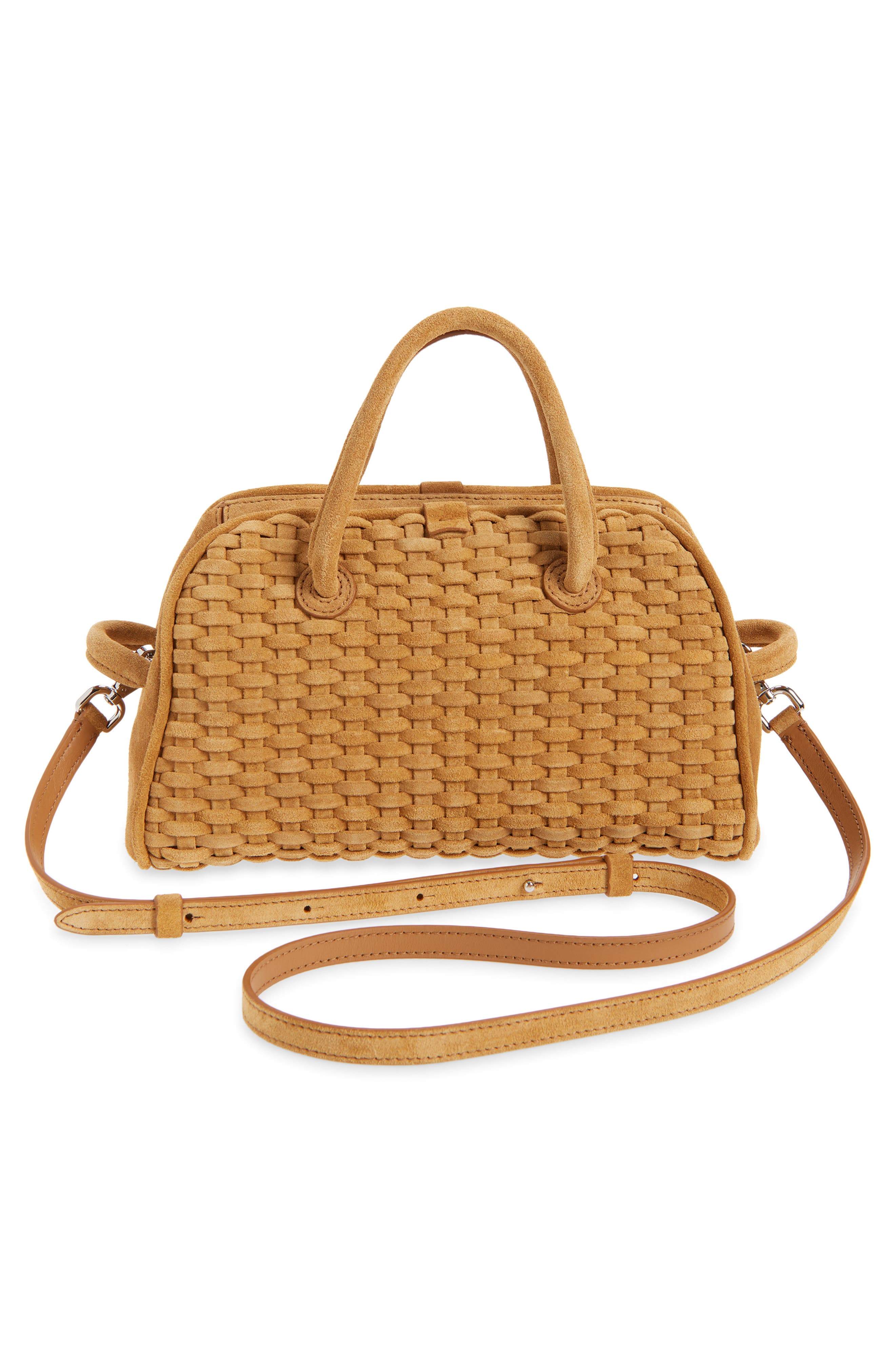 Jacquemus Le Petit Turismo Woven Suede Bowling Bag, Alternate, color, Camel 830