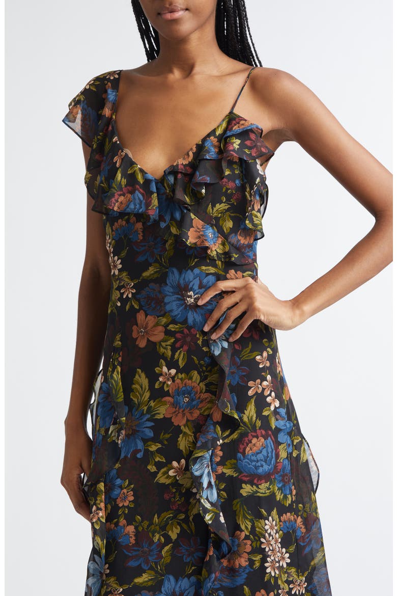 Madeline Floral Print Ruffle Asymmetric Silk Gown, Alternate, color, BLACK MULTI