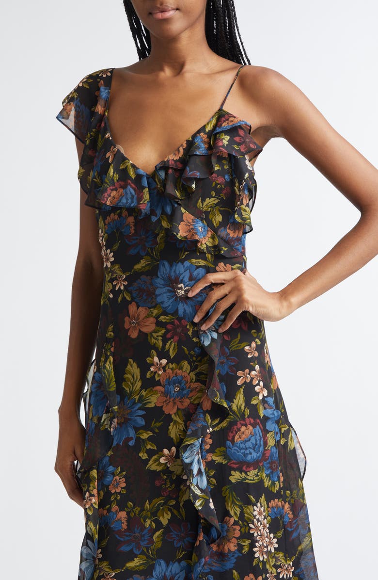 Veronica Beard Madeline Floral Print Ruffle Asymmetric Silk Gown, Alternate, color, Black Multi