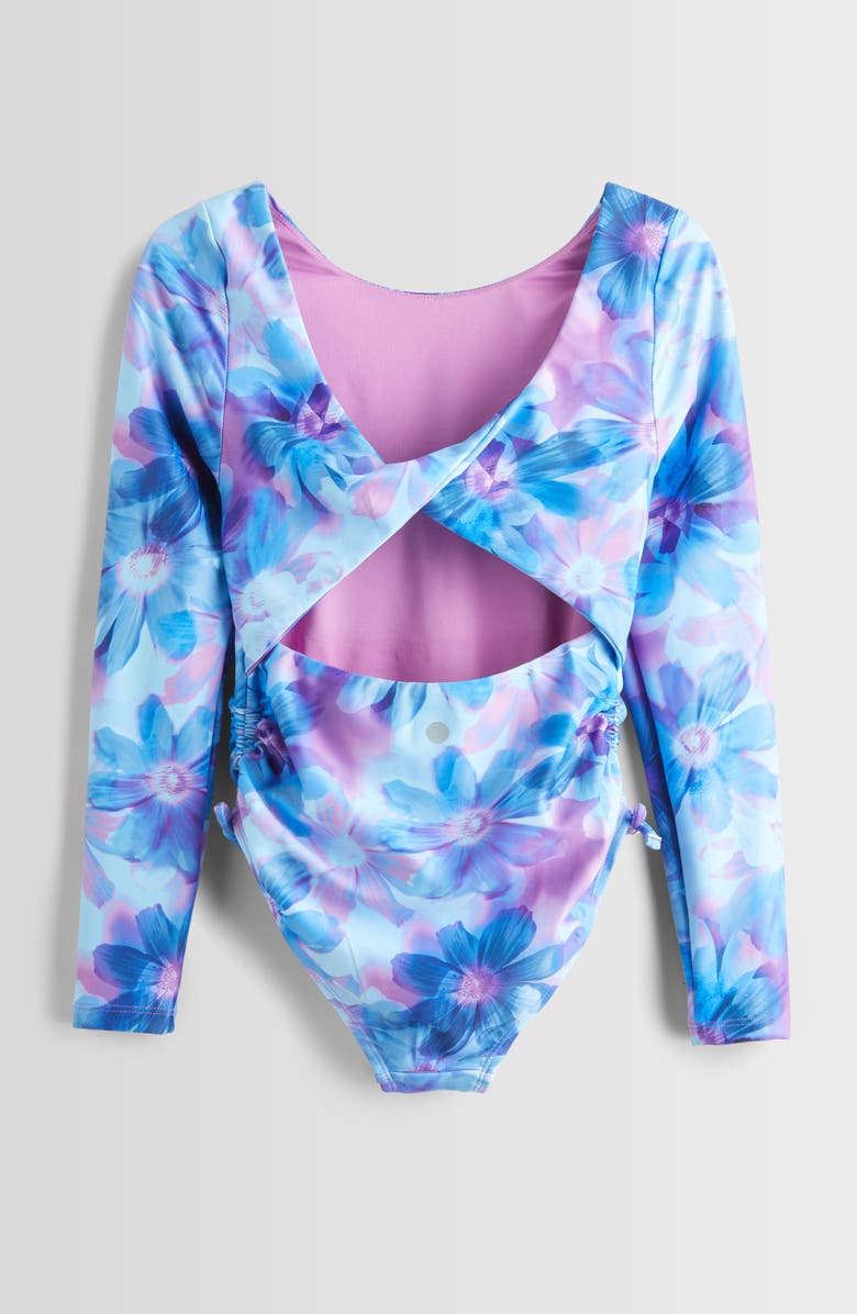 Zella Girl Kids' Twist Back Long Sleeve One-Piece Rashguard Swimsuit, Alternate, color, 